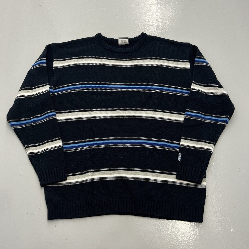 Avirex Mens XL Navy Blue Striped Acrylic Knit Crewneck Sweater Logo Patch
